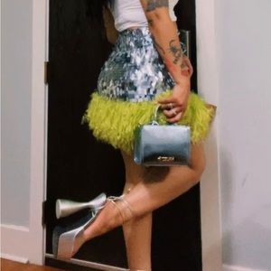 ASOS sequined skirt with feathers.